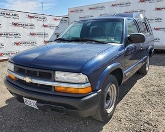 100	

2001 Chevrolet S10- Current Smog, See Video!
Includes 1 Key- No Remote
Has current Smog, See video!
Year: 2001
Make: Chevrolet
Model: S10
Vehicle Type: Pickup Truck
Mileage: 20,384
Plate: 6ESE322
Body Type: 2 Door Cab; Regular
Trim Level: Base; LS
Drive Line: RWD
Engine Type: L4, 2.2L; FFV
Fuel Type: Gasoline/E85
Horsepower:
Transmission:
VIN #: 1GCCS145018256595

Features and Notes:

Sold on application for duplicate title, Title not in hand 
