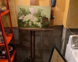 Large Easel and Three Art Pieces