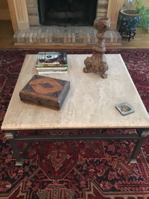 Ethan Allen square stone top and iron base coffee table