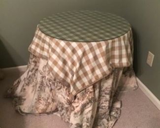Custom made tablecloth and topper in French blue, cream and taupe. Toile pattern and solid blue soft velvet. Table and glass top and extra fabric included. Also for sale are two matching custom made throw pillows trimmed in tassel fringe and bolster pillow. Beautiful!