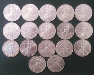 17 assorted Silver Eagles. .999 Silver.