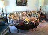 Matching coffee table and 2 end tables, floral pattern sofa (another pic shows matching chair)