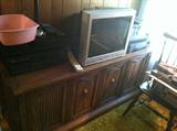 tv, record player, electronics, vintage electronics cabinet