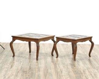 Pair Vintage Pecan Tables W/ Glass Inserts