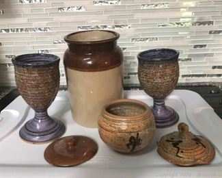 A Trio of Handmade Pottery and a Lidded Crock