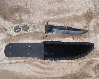 Handcrafted hunting Knife with Antler handle with Leather Sheath
