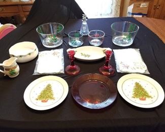 Christmas Plates, Glass Bowls, candlesticks, Etc
