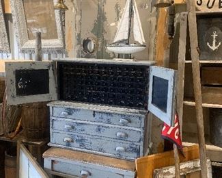 Antique 88 drawer Jewelers wood Cabinet, Nautical Galley Door, Old oars, Antique 1850’s Frames 