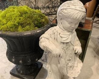 Vintage white concrete garden girl statue, resin and metal urns, antique French Victorian tiered flower stand