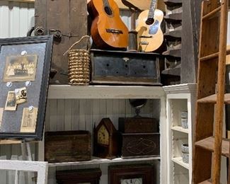Vintage guitars, antique Victorian mantel clocks 