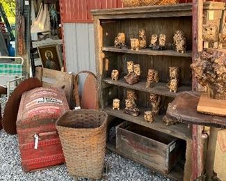 Hand carved wood owls, primitive cabinet, dome top antique storage trunk, antique market basket, vintage oil painting 