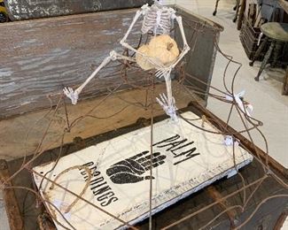 Articulated petite sized skeleton, antique Victorian wire lamp shade frames, palm reading table centerpiece trays