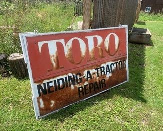 Vintage large hanging double sided tractor repair TORO advertising sign 