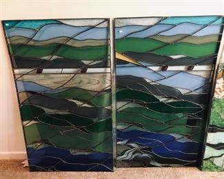 Pair of stained leaded glass panels