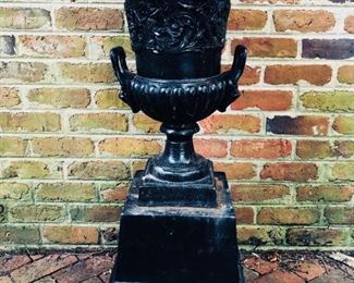 Antique Cast iron garden urn on stand with Lion head handles