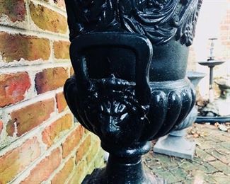 Antique Cast iron garden urn on stand with Lion head handles