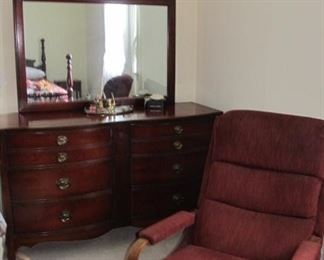 "Dixie" furniture company Mahogany double serpentine dresser with mirror.. Very good condition.  Recliner (Burgundy)  