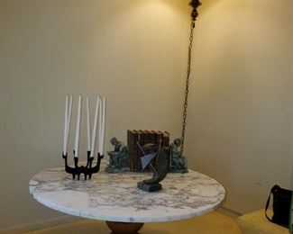 marble top coffee table, Dansk candle stick holder , Stiffel Hanging Lamp
