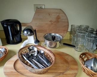 cutting boards , flatware, vintage juicer 