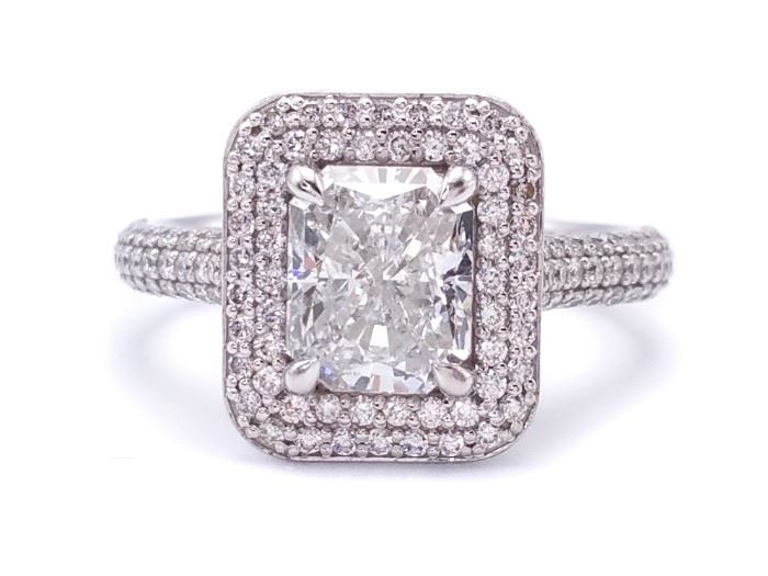 2.84 Carat Radiant Cut Diamond Double Halo Ring in 14k White Gold