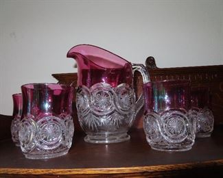 Antique Cranberry Glass Pitcher and  4 Glasses