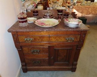 Burled Walnut Marble Top Antique Washstand