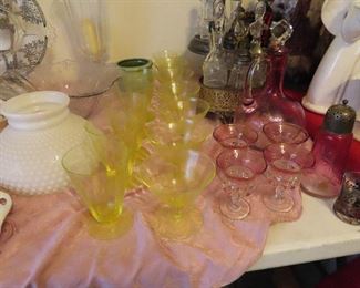 Vaseline Glass Goblets - Cranberry Kings Crown - 2 Nice Cruet Sets