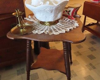 Antique Oak Side Table - Milk Glass Punch Bowl