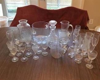 Etched Glass Decanter and Ice Bucket