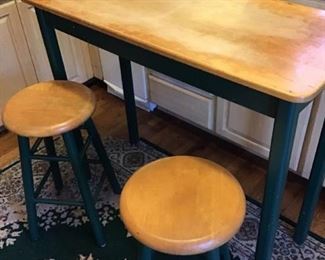 Green Wooden Table with Stools