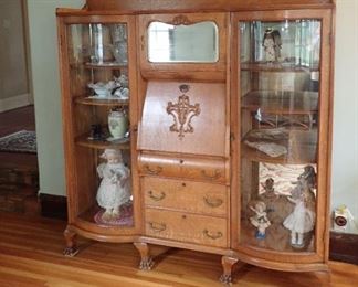 DOUBLE BOWED GLASS SECRETARY - WITH DROP FRONT SECRETARY WITH CUBBIES - AND DRAWER STORAGE