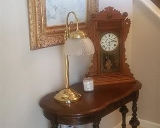 Antique Foyer Table, Brass Lamp, Antique Mantle Clock