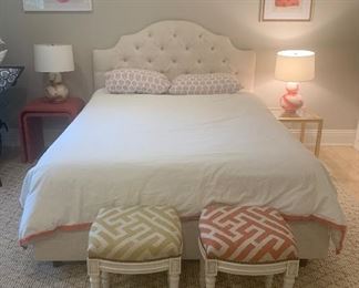 The two side tables, bed, and stools are sold. The art and rug are still for sale. Both lamps are damaged.
