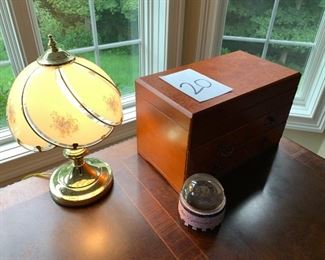 20. Birds Eye Maple Jewelry cabinet, lamp and globe $25