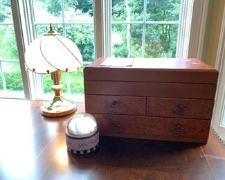 20. Birds Eye Maple Jewelry cabinet, lamp and globe $25