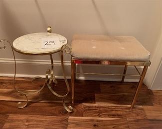 29. Metal upholstered stool and marble table $35