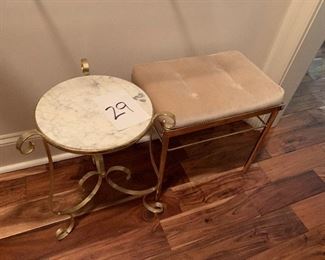 29. Metal upholstered stool and marble table $35