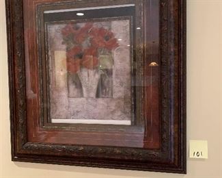 101. Framed print 3 red flowers $35