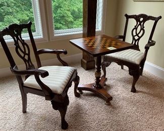 113. Ornate chairs and chess table $175.                          table, 22" x 22" x 30" tall -  chairs, 24" x 21" x 38" tall 