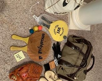 124. Sports lot smashball paddles, glove, more with Wilson luxury duffle bag $25