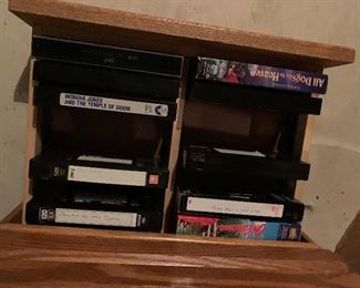 163. 2 wood cassette holders, one full of 1980s rock tapes $25