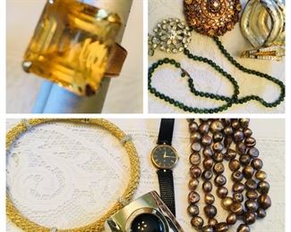 Gorgeous jewelry tonnage including an 18 K gold Citrine ring, sterling bangles, a Gucci watch and pearls with turquoise
