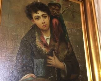 German artist Joseph Bertini -lived between 1812-1853. Charming oil of boy with monkey on a chain. 
