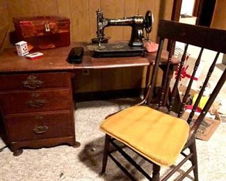 Antique Folding Sewing Table; White Sewing Machine