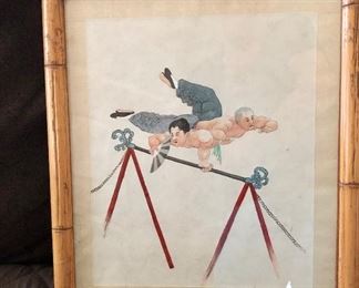 Pair Japanese Watercolors of Acrobats w/Bamboo Frames