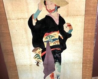 Japanese 6’  Handpainted Paper/Silk Scroll in Wooden Box