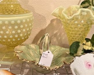 Yellow hobnail candy dishes