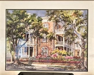 Framed art of a home in Charleston (18 Meeting Street – original home of Thomas Heyward, signer of the Declaration of Independence)