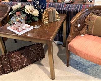 Matching curved back cane chairs; square side table