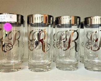 "R" glassware with silver plate rims